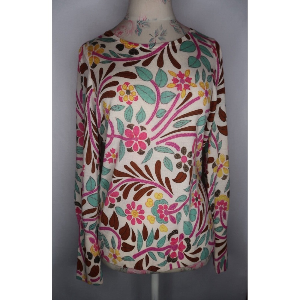 Talbots Merino Wool Floral Stitch Print Puff Sleeve Sweater Women's Medium NWT